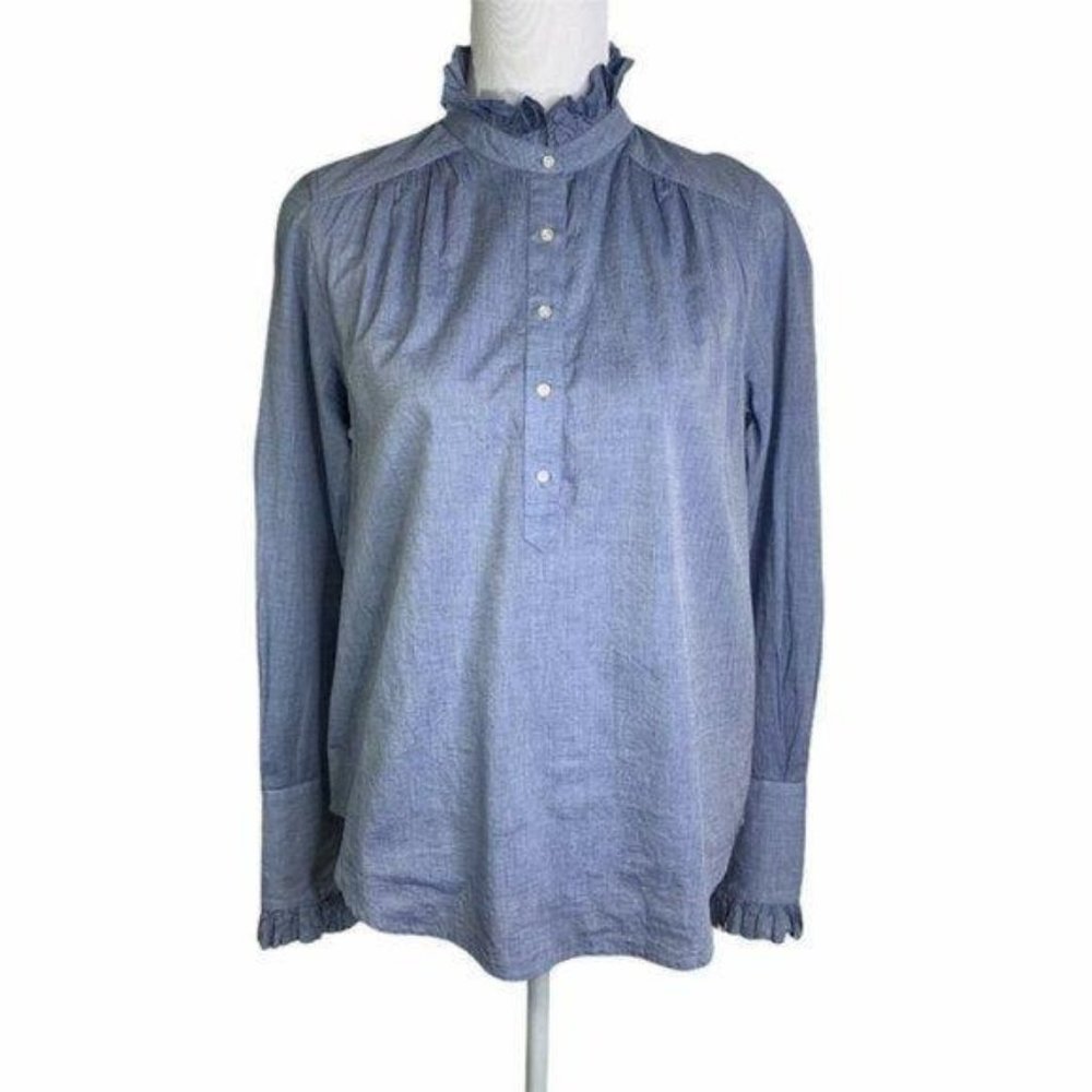Joie Blue Melange Ruffle Mock Neck Long Sleeve Top